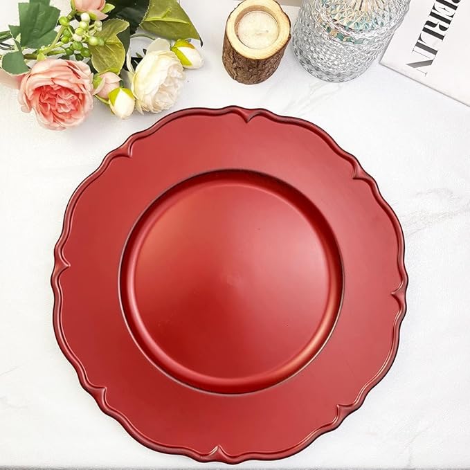 Antique Red Charger Plates Set of 6, 13" Plate Charger for Dinner Plates, Plastic Round charger plates bulk Wedding, Events, Party, Tabletop Decor.