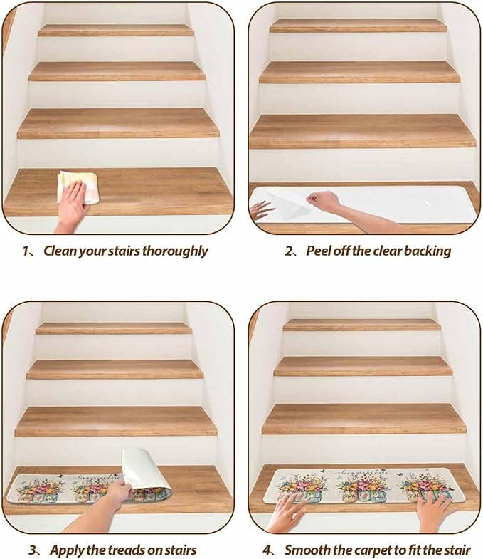Hello Spring Stair Treads Non Slip for Wooden Steps Love Grows Here Color Flowers Leaf Retro Linen Stair Runner Carpet Reusable Adhesive Staircase Rugs for Dogs, Elders and Pets, 8x30 Inch, 10PCS