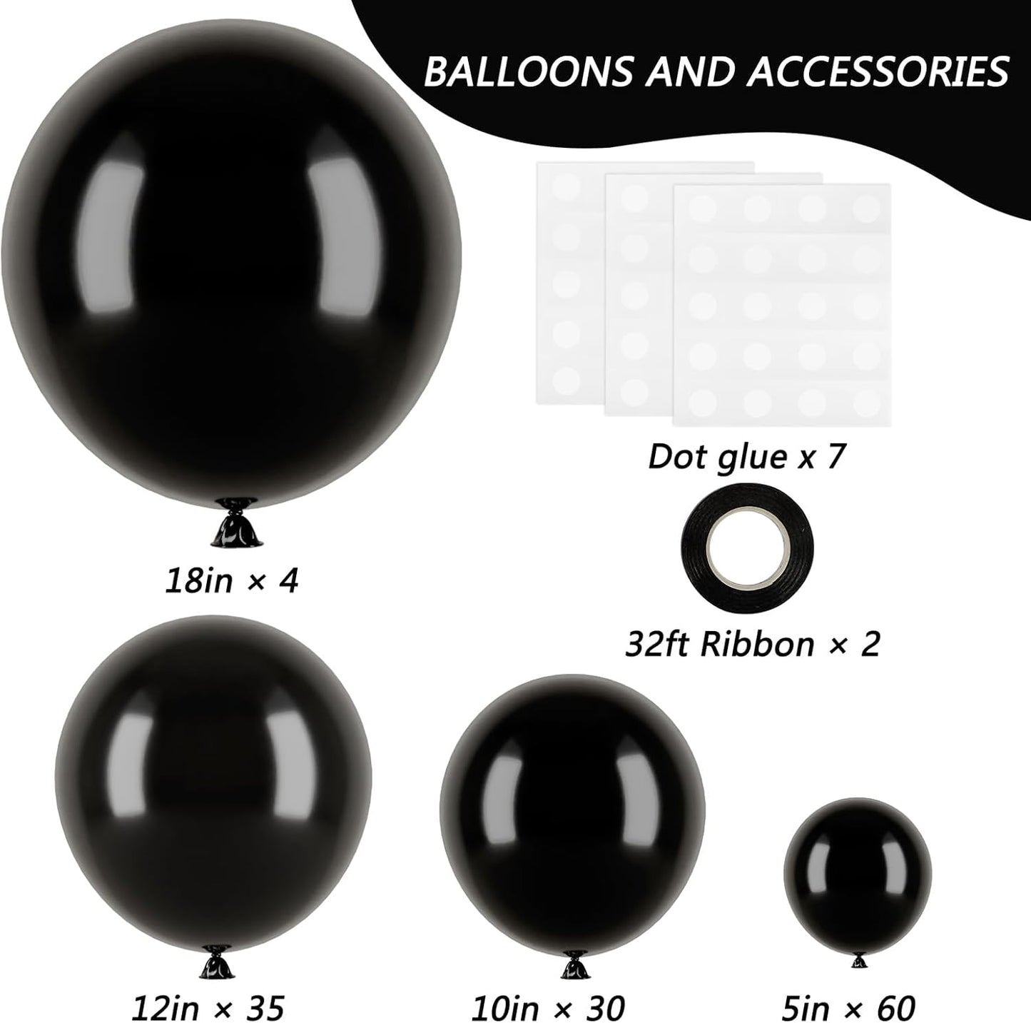 RUBFAC Black Balloons for Balloon Arch 129pcs Different Sizes Pack of 18 12 10 5 Inch Garland Kit, Latex Halloween Balloons for Party Decorations Birthday Wedding Decor