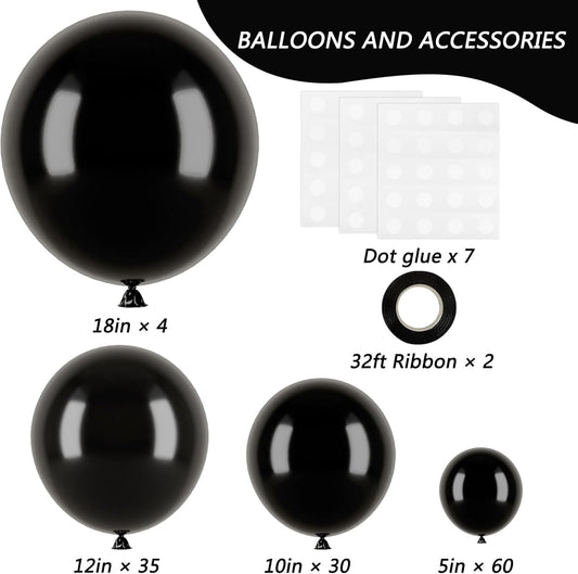 RUBFAC Black Balloons for Balloon Arch 129pcs Different Sizes Pack of 18 12 10 5 Inch Garland Kit, Latex Halloween Balloons for Party Decorations Birthday Wedding Decor