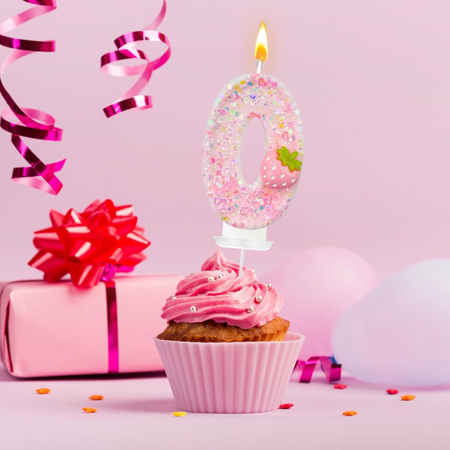 HXOUSE Strawberry Number 0 Birthday Candles - Pink Berry Birthday Candles for Cake, 0 Candle Topper for Anniversary Celebrations Supplies, Strawberry Party Decorations for Girl (No.0)