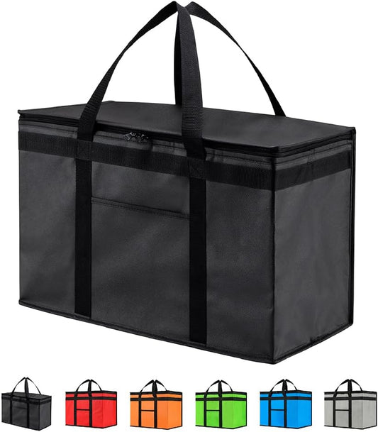 Insulated Cooler Bag and Food Warmer (XXL, 2 Pack) for Delivery & Grocery Shopping with Zippered Top, Black