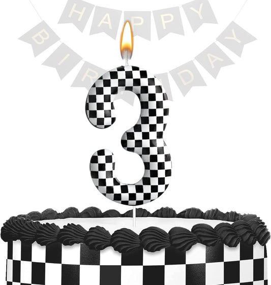 Racing Cars Themed Birthday Candle Number 3 Checkered Candle Birthday Party Decoration Cake Topper for Racing Car Party Decoration Theme Party Supplies (Number 3)