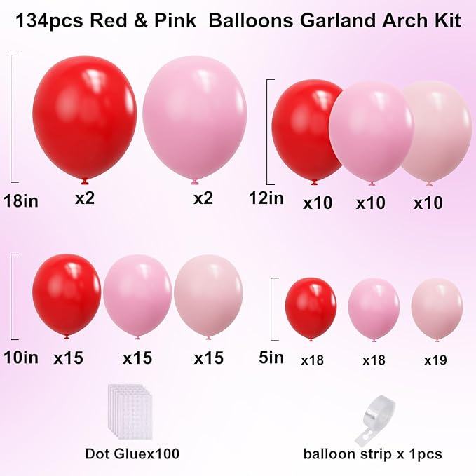 YMSZ Red and Pink Balloons Arch Kit, Valentines Balloons Arch,134pcs Pink and Red Balloon for Birthday, Valentines, Anniversary Party Decorations