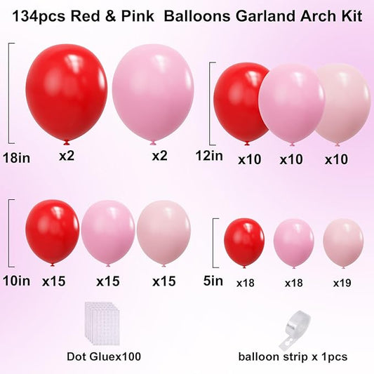 YMSZ Red and Pink Balloons Arch Kit, Valentines Balloons Arch,134pcs Pink and Red Balloon for Birthday, Valentines, Anniversary Party Decorations
