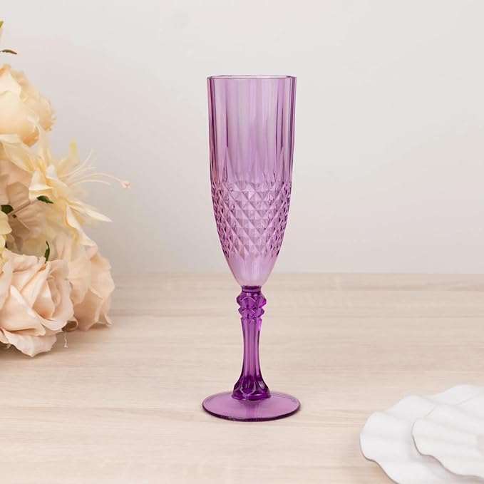 Efavormart 6-Pack Champagne Glasses, 8oz Shatterproof Plastic Crystal Cut Toast Flutes, Purple for Party Celebration Wedding