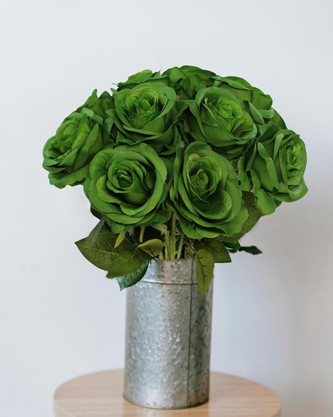 Artificial Green Roses Flowers, 12 Pcs Fake Rose in Bulk, Long Stem Realistic Silk Roses Bouquet for Spring Home Decor, St. Patrick's Day, Party Centerpieces, Flower Arrangement (Dark Green, 12-PCS)