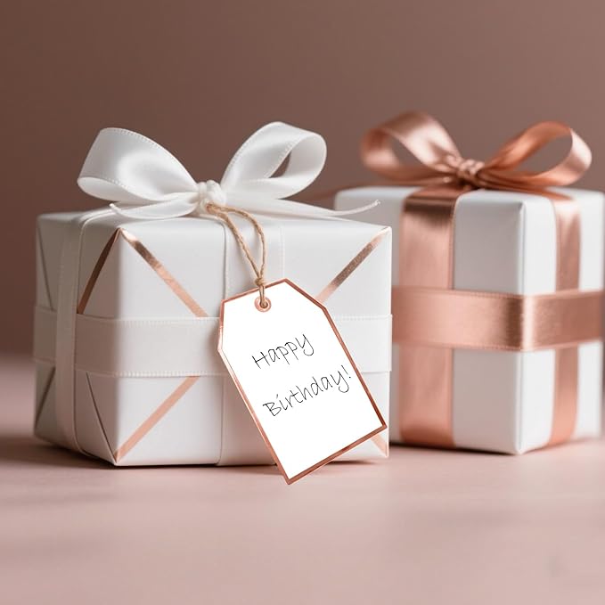 ASYEHJNR 100Pcs Blank Gift Tags with String Attached Foil Rose Gold Frame Large White Paper Gift Tags Presents with 65 Ft Jute Twine for Birthday Wedding Baby Shower Graduation Gift Wrap Tag