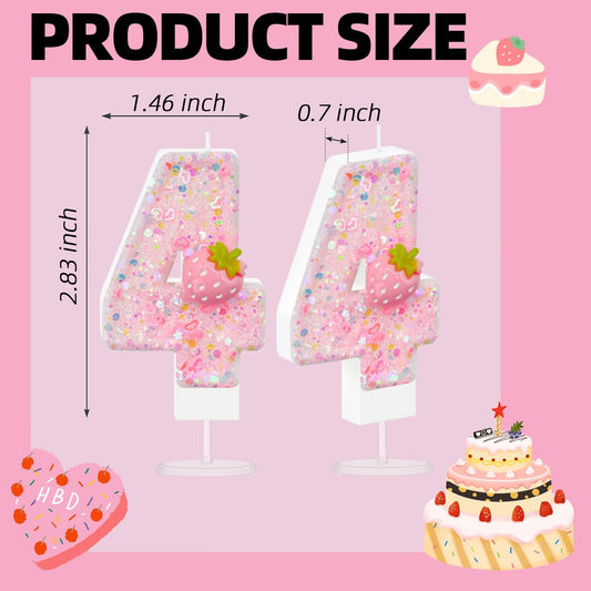 HXOUSE Strawberry Number 4 Birthday Candles - Pink Berry Birthday Candles for Cake, 4 Candle Topper for Anniversary Celebrations Supplies, Strawberry Party Decorations for Girl (No.4)
