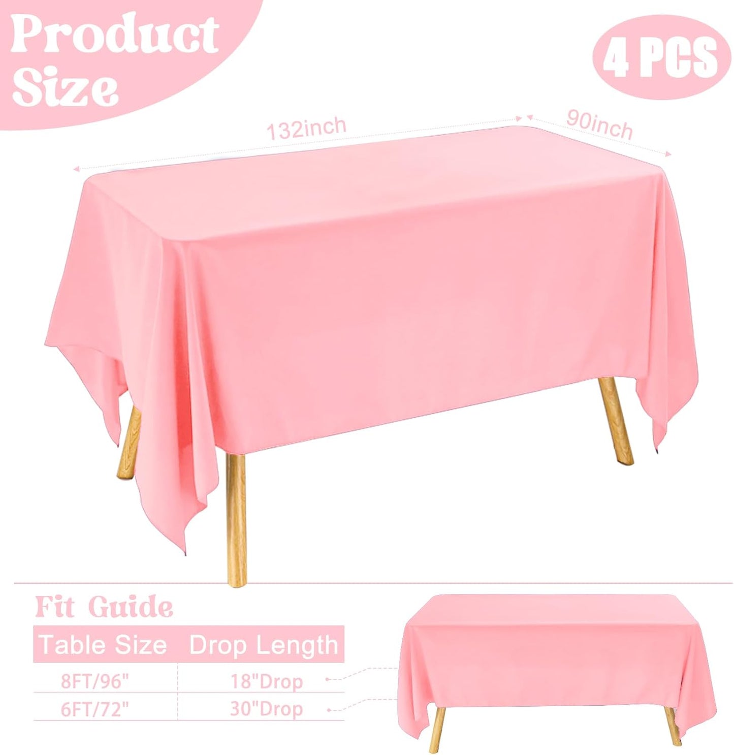 4 Pack Rectangle Tablecloth 90x132Inch Pink Washable Polyester Table Cover for Wedding Dining Table Buffet Parties Banquet Decoration（Pink）