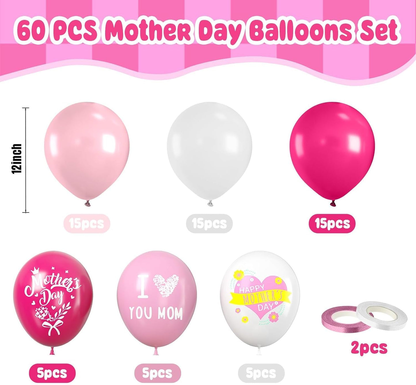 Paready Mother's Day Balloons Set, 60Pcs Pink White Mom Printed Balloon, 12 Inch Helium Light Hot Pink White Latex Balloons for Mother's Day Party Decoration Supplies