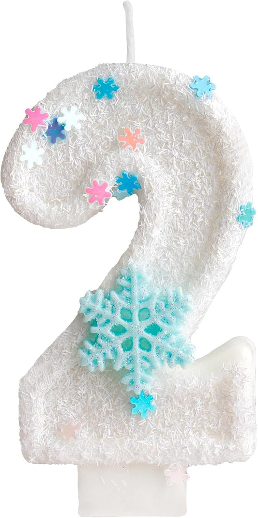 White Frozen Snow Themed Birthday Candles,White Snow Snowflake Number 2nd Birthday Candle for Party Supplies,Winter Frozen Birthday Party Number 2 Cake Topper Decorations