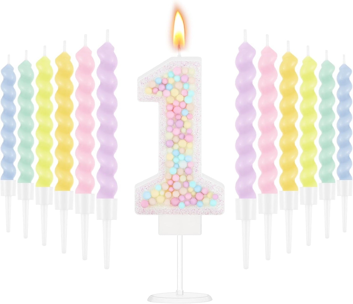 MTLEE Number 1 Birthday Candle with 12 Pcs Spiral Candles for Girls Macaron Pastel Rainbow Unicorn Pink Cake Topper for Sweet Theme Party Decoration