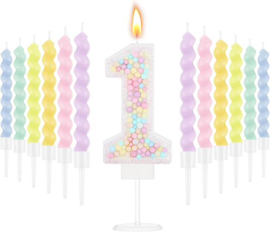MTLEE Number 1 Birthday Candle with 12 Pcs Spiral Candles for Girls Macaron Pastel Rainbow Unicorn Pink Cake Topper for Sweet Theme Party Decoration