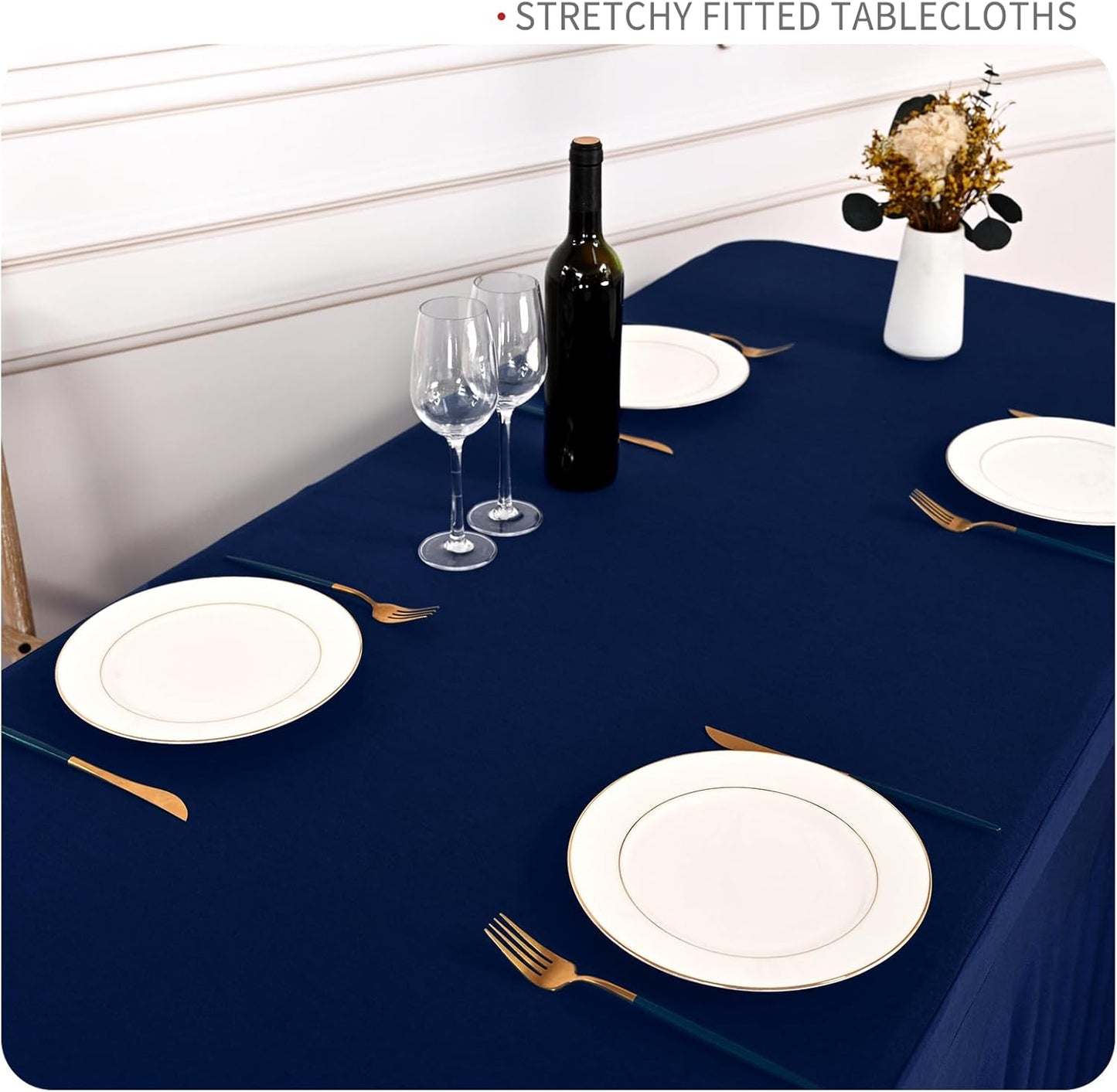 2 Packs Navy Blue Stretch Table Skirts for 8 Foot Rectangle Table, Washable Spandex Stretch Tablecloths with Skirt, Wrinkle Resistant Fitted Tablecover for Wedding Party Banquet