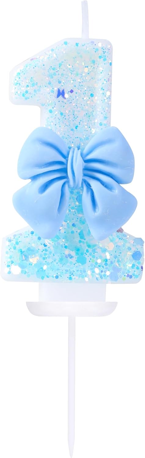 Birthday Candles 1 Blue Bow Number 1 Cake Candles, Baby 1st Cake Topper Decorations for Kids Pets Pastel Birthday Party Supplies (Number 1)