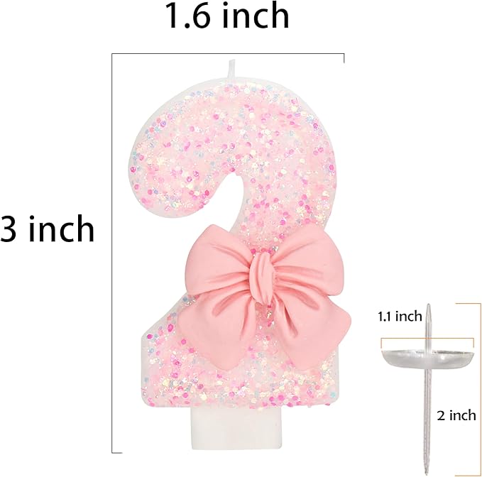 ElekFX Birthday Candle for Cake, 2 Candle - Pink Glitter with Bowknot, 2.76 inch Happy Birthday Candle, Cake Topper Decoration for 2 Years Old Birthday Party (Number 2)