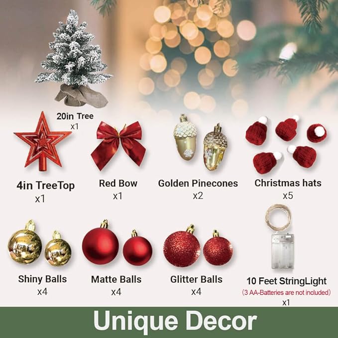 Small Christmas Tree with Light for Table Top, Mini Tabletop Christmas Tree with Decoration, 2FT Pre-lit Artificial Flocked Christmas Tree for Home, Office, Desk, Red