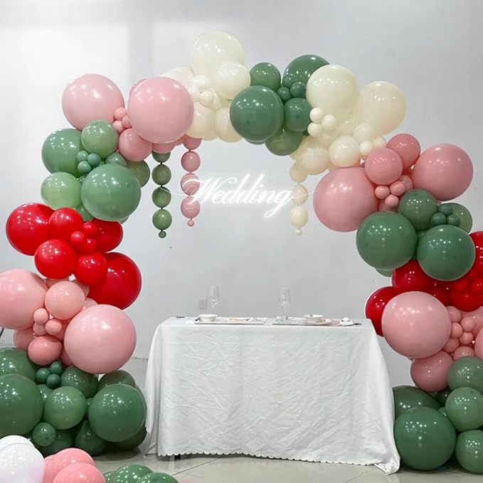 Sage Green Pink Red Balloon Arch Garland Kit, 167PCS Sage Green Blush Cherry Red Ivory Latex Balloons for Christmas Birthday Graduation Baby Shower Wedding Party Decoration