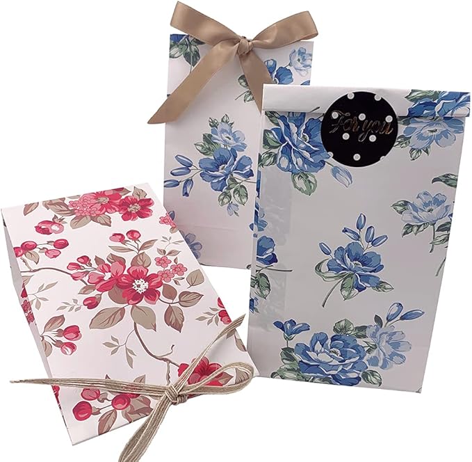 Suponey Floral Paper Bags Gift Bags Flower Party Favor Treat Bag Goody Bag with Stickers for Wedding Bridal Shower Anniversary Birthday Garden Party (16 Pcs)