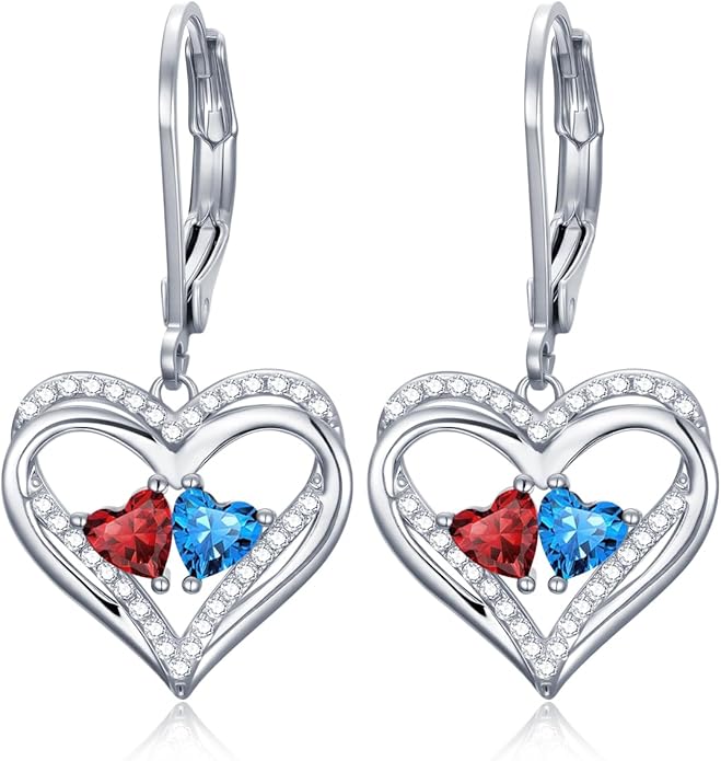 Valentines Day Gifts for Women, Heart Leverback Earrings Double Birthstone Dangle Earrings for Women, Love Jewelry for Her, Anniversary Birthday Gift for Mom Wife Girlfriend