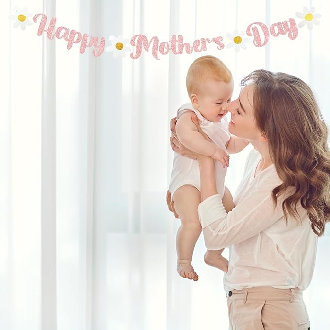 Happy Mother's Day Banner Set Decoration for Mother's Day Party Decorations Backdrop Garland for Mom Glitter Garland Photo Props (Rose Gold)