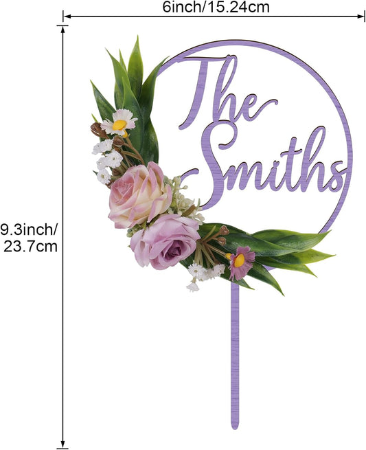 3D Flowers Wedding Cake Topper Custom Last Name Wedding Cake Decoration in Wood with 3D Artificial Roses (Lavender)