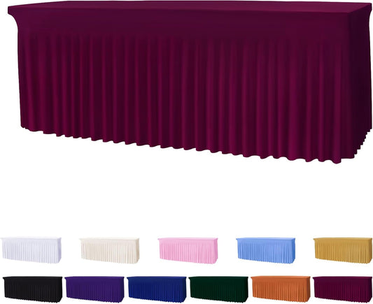 Table Skirts for 8ft Rectangle Tables - 1PCS Red Table Covers for 8 Foot Tables, Wrinkle Resistant Ruffles Elastic Table Cloths and Table Skirt for Banquets/Weddings/Parties/Birthday