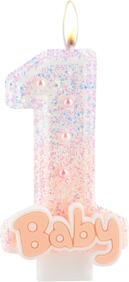 Pink Baby Number 1 Birthday Candle, 2.8in Cute Shiny 1st Happy Birthday Candle with Tray & Stick Girls One Candle for First Birthday Ideal Birthday Parties Cake Decoration & Gifts