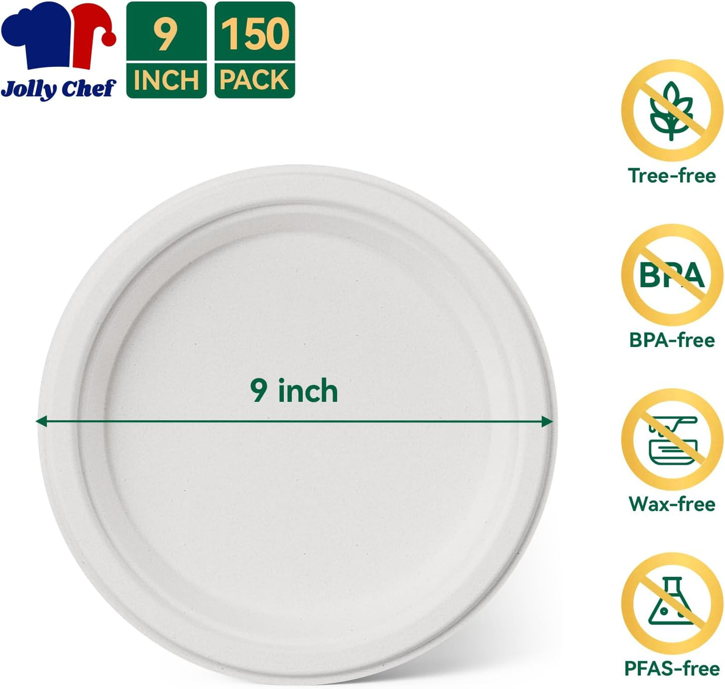 JOLLY CHEF 100% Compostable Paper Plates, 150 Pack 9 Inch Heavy Duty Plates, Disposable Biodegradable Eco-Friendly Sugarcane, Bulk White