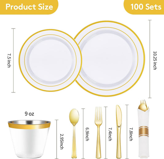 Goodluck 700 Piece Gold Plastic Dinnerware Set for 100 Guests, Disposable Plates for Party, Include: 100 Dinner Plates, 100 Dessert Plates, 100 Pre Rolled Napkins with Silverware, 100 Cups