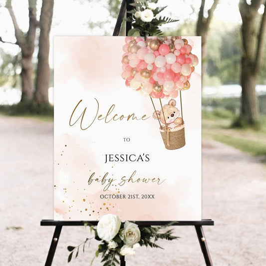Personalized Pink Bear Baby Shower Welcome Sign - Welcome to Baby Shower Sign for Girls, Pink Teddy Bear Baby Shower Sign