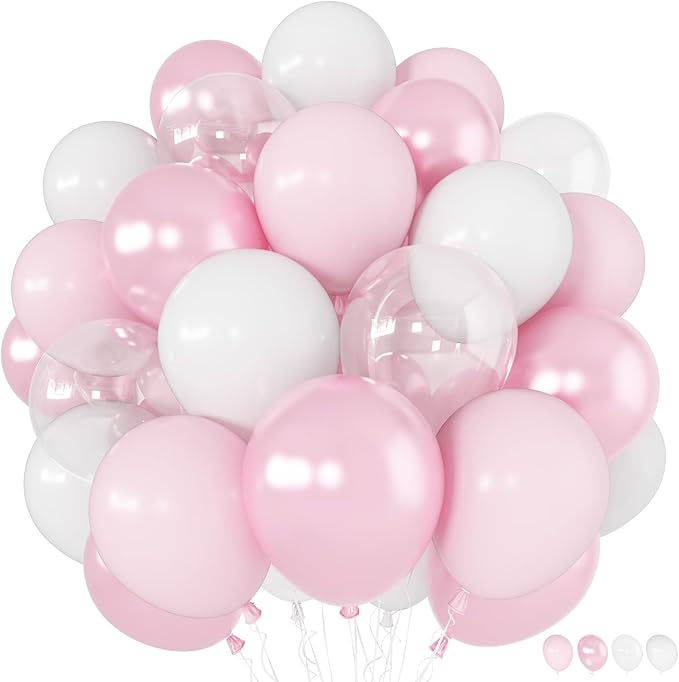 Pink Balloons 60 Pcs Light Baby Pearl Pink and White Latex Party Balloon with 12 Inch Double Stuffed Balloon for Girls Princess Winter Wonderland Wedding Birthday Baby Shower Bridal Party Decor