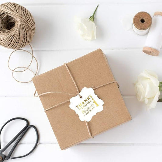 Andaz Press Personalized Fancy Frame Square Birthday Gift Tags, Metallic Gold Ink, Thanks for Coming to My 1st Birthday, 24-Pack, Custom Made Name