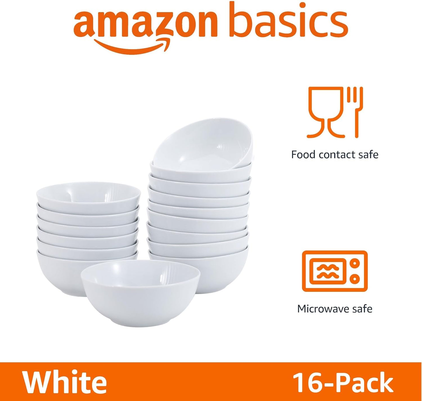 Amazon Basics 16-Pack White Porcelain Coupe Bowl, 5.9" diameter, Round, Microwave-safe, Commercial-grade
