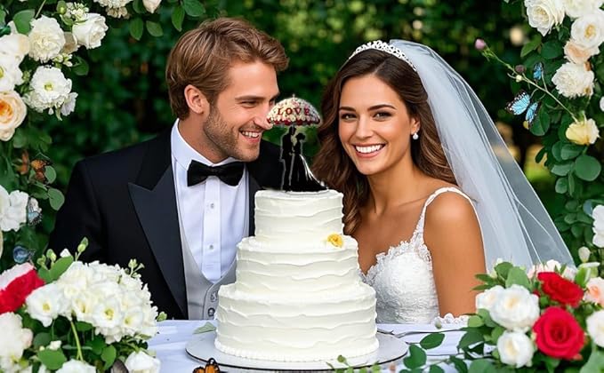 Acrylic Wedding Cake Topper Bride and Groom with Umbrella - Elegant Mr & Mrs Cake Decoration for Wedding Anniversary, Engagement, Just Married Party (2D)