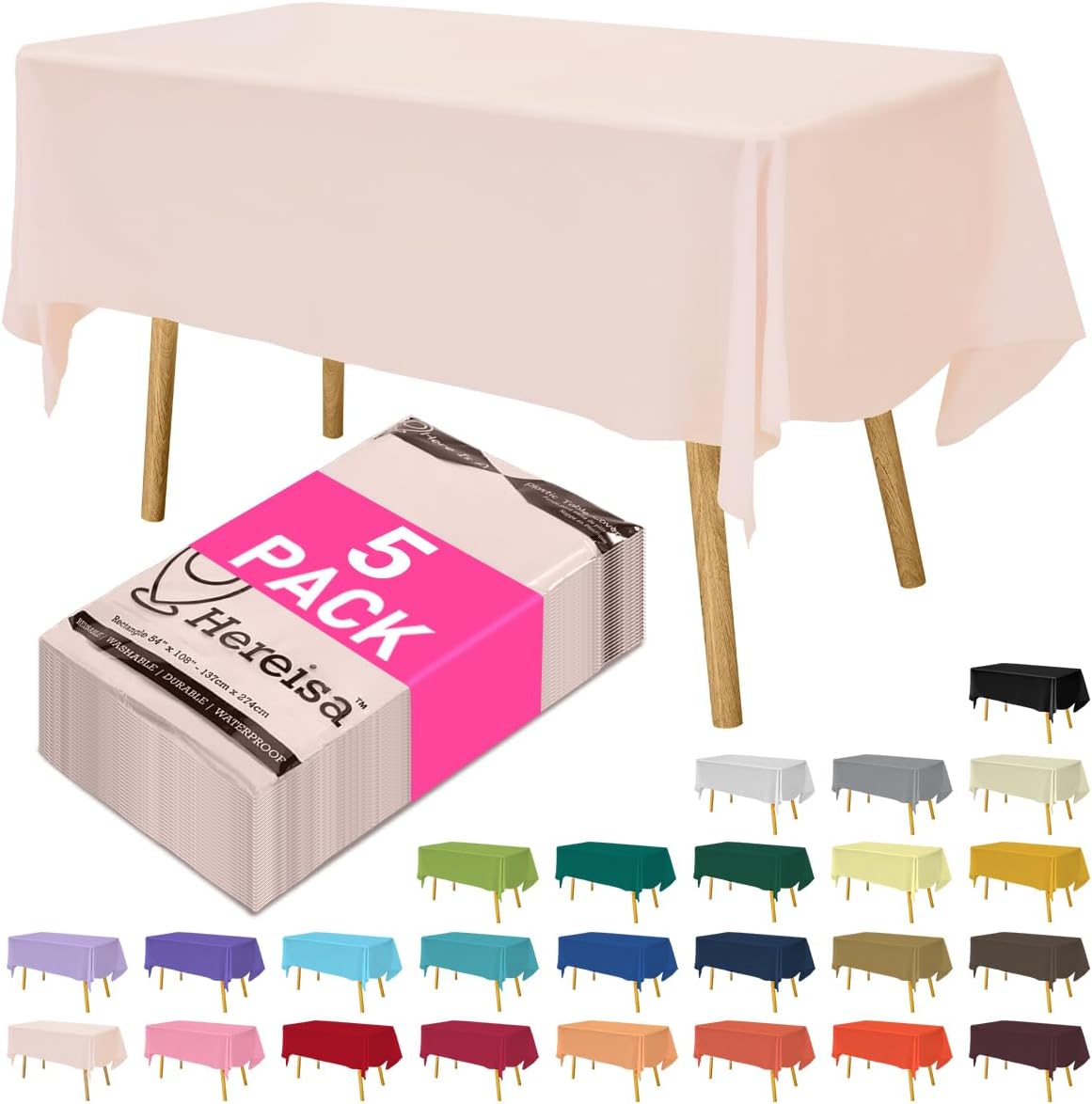 Disposable Plastic Tablecloth Light Pink 54x108 Inch, 5-Pack Waterproof Rectangular Table Cover for Parties, Picnics, Dining Protection