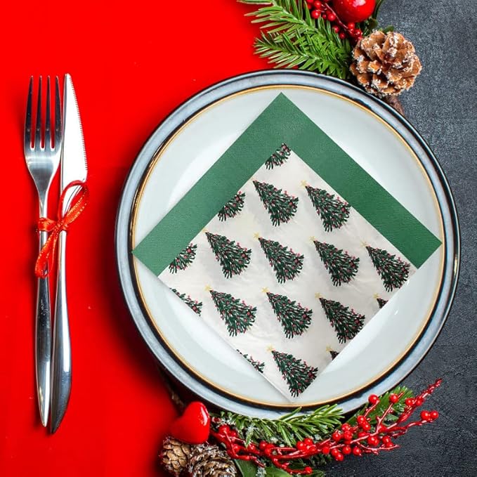 SOLAS Christmas Paper Napkins - 20 Pack, 2 Ply, 6 1/2' (16.5cm) Square - Beautifully Designed, Fun & Colorful Green Holiday Serviettes