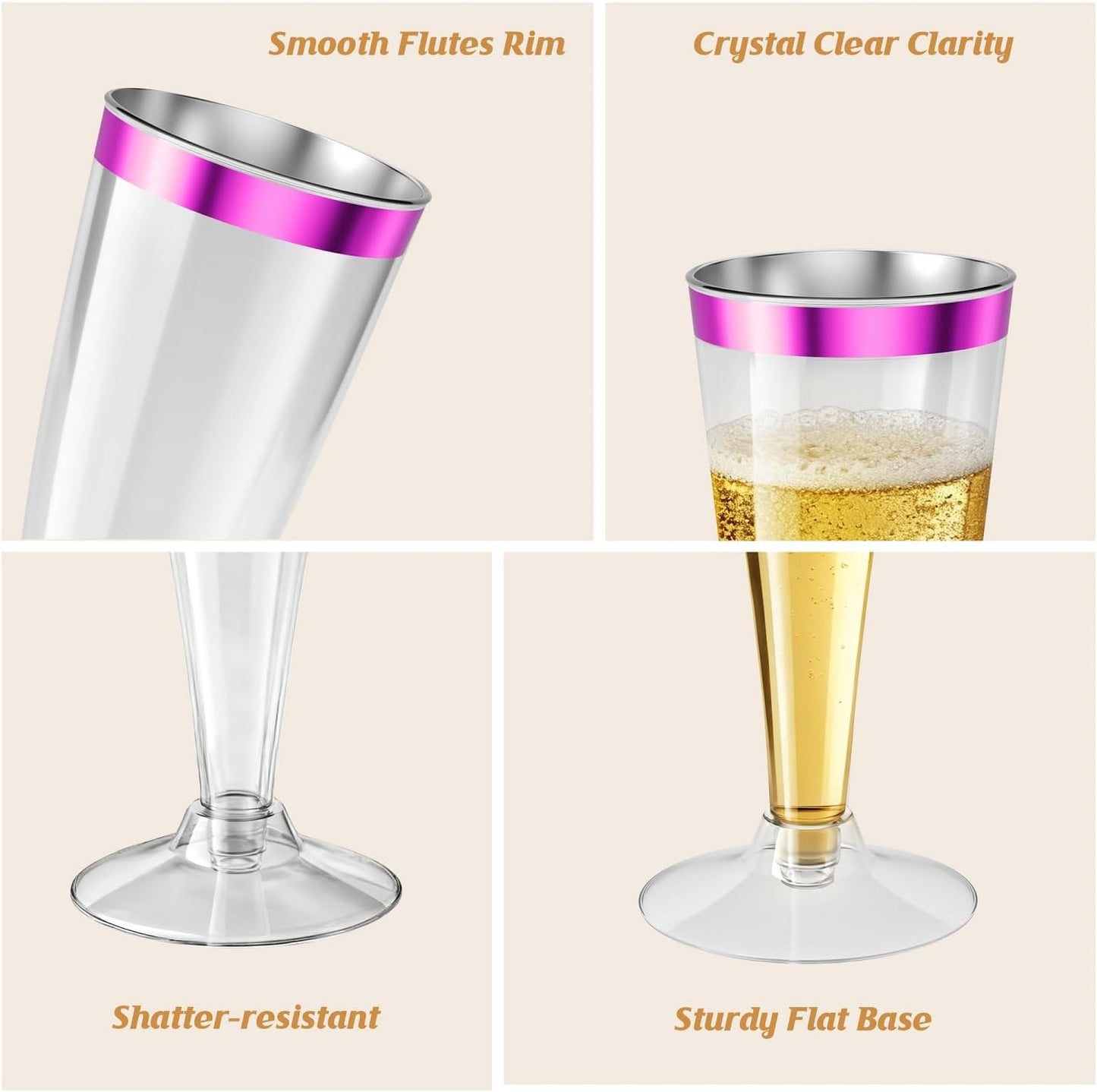 40 Pack Purple Rim Champagne Flutes Plastic Wine Glasses Disposable, 4.5 Oz Clear Purple Rim Mimosa Glasses for 2025 Engagement Wedding Birthday New Years Eve Xmas Party Supplies, Bulk Cocktail Cups