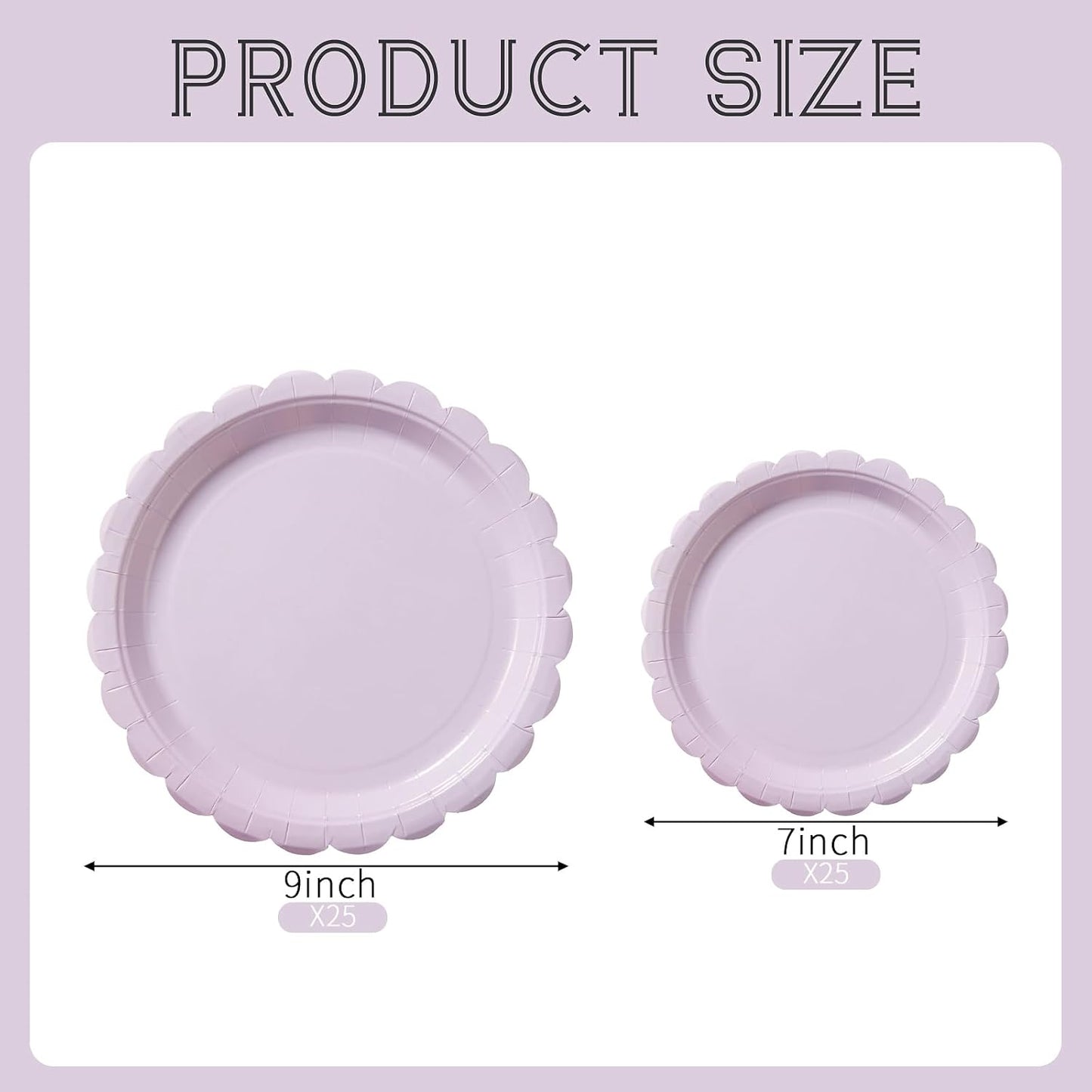 BEFORYOU 50PCS Scalloped Disposable Paper Plates Dessert Cake Party Plates for Baby Shower, Wedding,Bridal Shower Birthday Party Supplies (Purple, 7IN and 9IN)