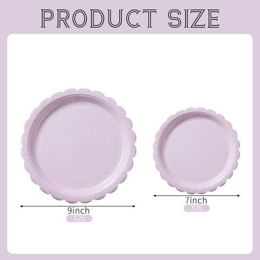 BEFORYOU 50PCS Scalloped Disposable Paper Plates Dessert Cake Party Plates for Baby Shower, Wedding,Bridal Shower Birthday Party Supplies (Purple, 7IN and 9IN)