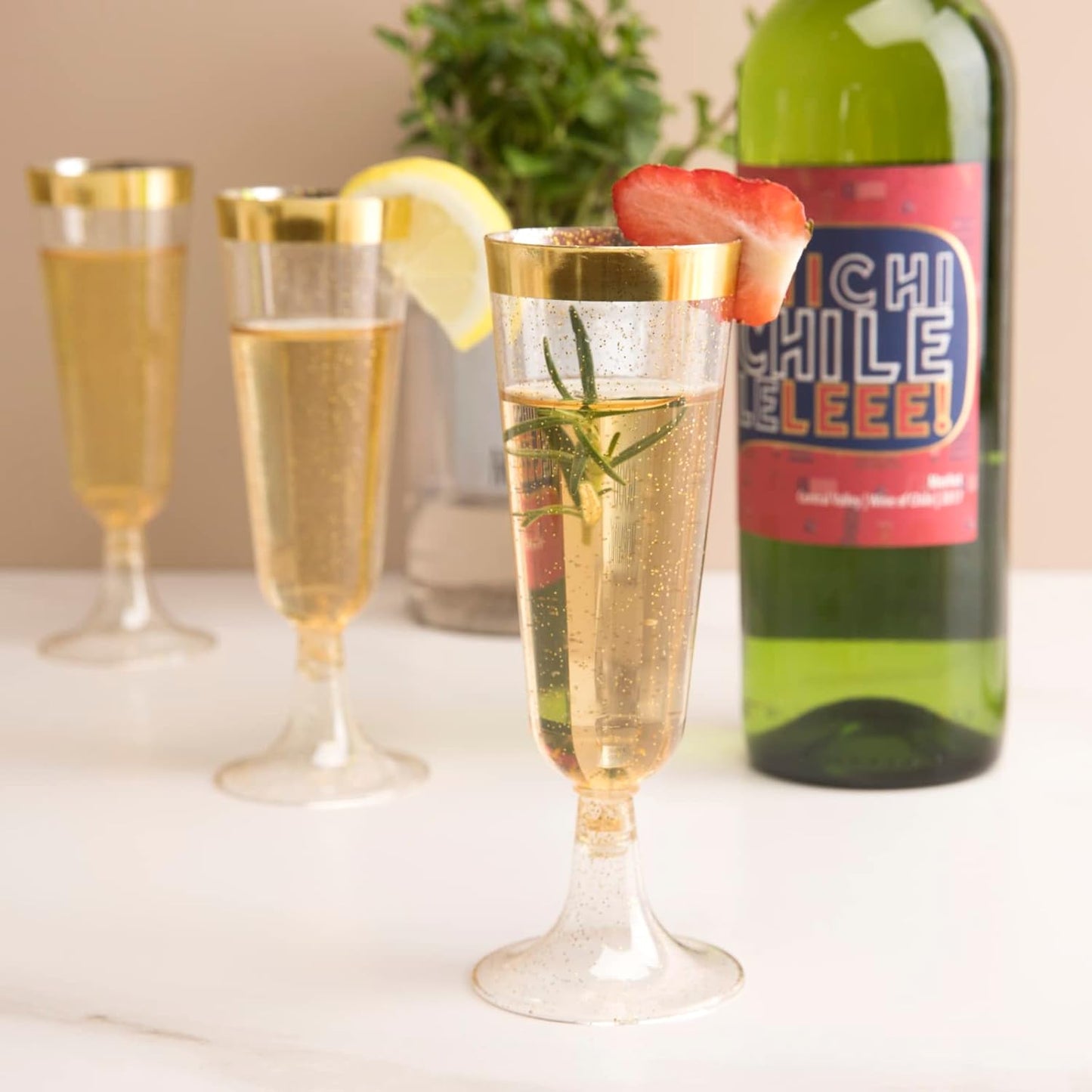 WDF Champagne Flutes, 36 Pack Gold Plastic - Glitter, Disposable Champagne Flutes for Party/Wedding/Thanksgiving, 6oz, BPA Free