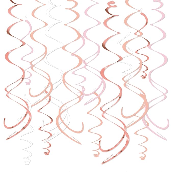 HonuGoGo Pink Hanging Swirl Decorations for Party – 42PCS Rose Gold Foil Ceiling Streamers with Hooks for Birthday, Bridal Shower, Bachelorette, Holiday Celebrations