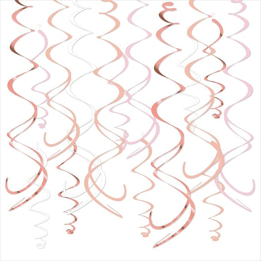 HonuGoGo Pink Hanging Swirl Decorations for Party – 42PCS Rose Gold Foil Ceiling Streamers with Hooks for Birthday, Bridal Shower, Bachelorette, Holiday Celebrations