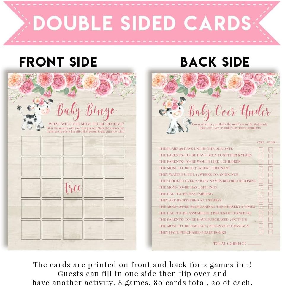Amanda Creation Baby Shower Games 8 Game Set Watercolor Pink Cow 80 Double-Sided Cards for 20 Guests. Baby Shower Bingo, Baby Predictions & Activities for Guests. Farm & Barn Theme for Girls