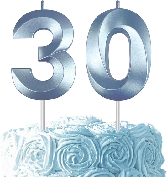 Blue Number 30 Candles, 3D Diamond 2.76 Inch Cake Topper Birthday Candles for Wedding Anniversary Cake Decorations, Happy Birthday Party Decorations