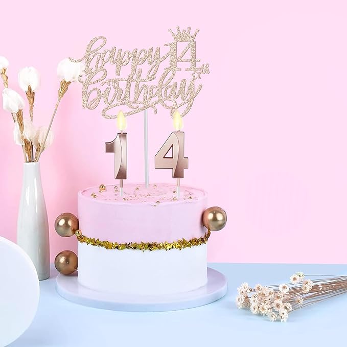 14th Birthday Decorations for Girls with 14th Birthday Sash and Tiara, Cake Topper and Candles, Number Balloons, Greeting Card, 14 Year Old Gifts for Girls