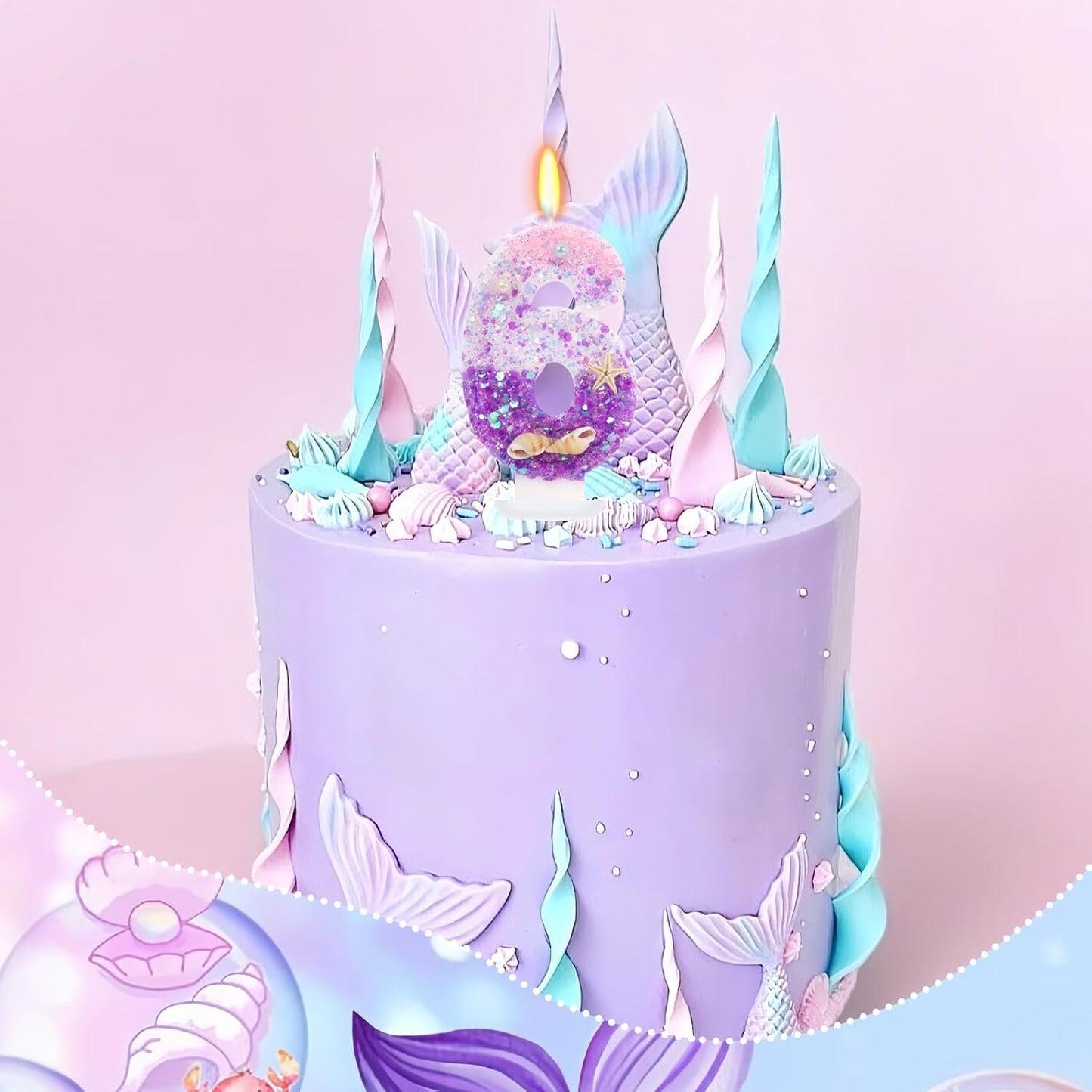 Purple Mermaid Party Number 6 Cake Candles, 2.76 inch Birthday Candle, Cake Topper Decoration for Birthday Party (Number 6)