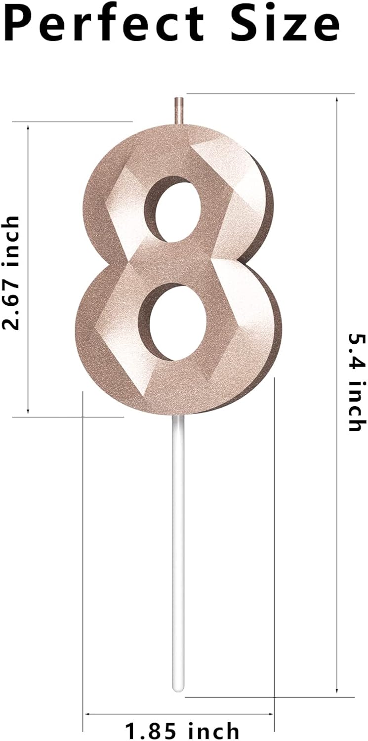 Number Birthday Candles(8 Candle Rose Gold) 3D Diamond Shape Number Happy Birthday Cake Candles for Birthday Party Wedding Decoration Reunions Theme Party