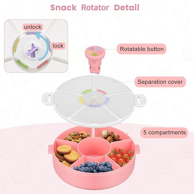 Snack Rotator Container Reusable Snack Box with 5 Compartment Dispenser and Lid, Color Matching Opening Lid, BPA and PVC Free, for Home, School, Travel (1 Pack- Pink)